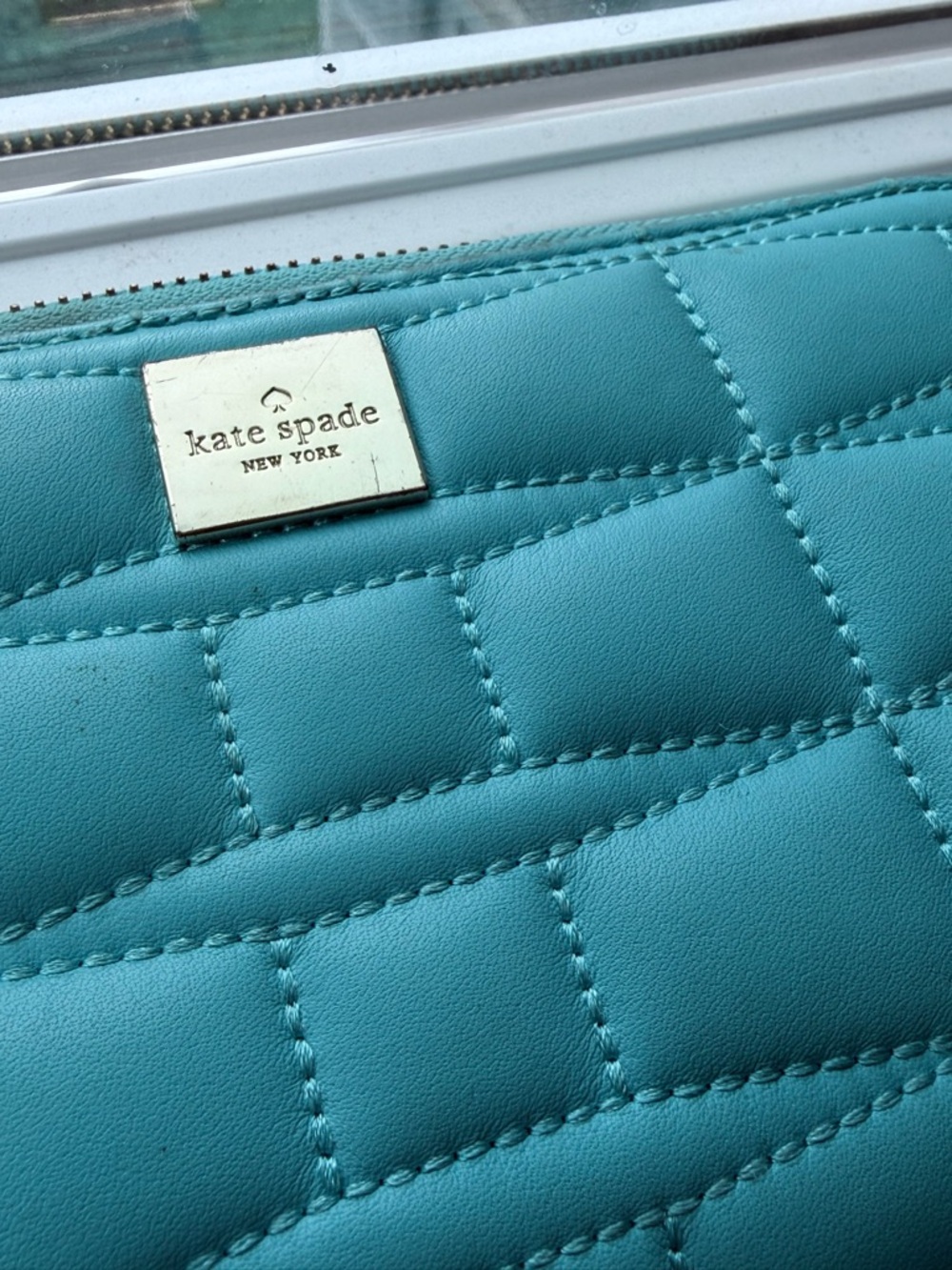 kate spade Teal Quilted Zip Wallet with Logo Plaque - Picture 7 of 13